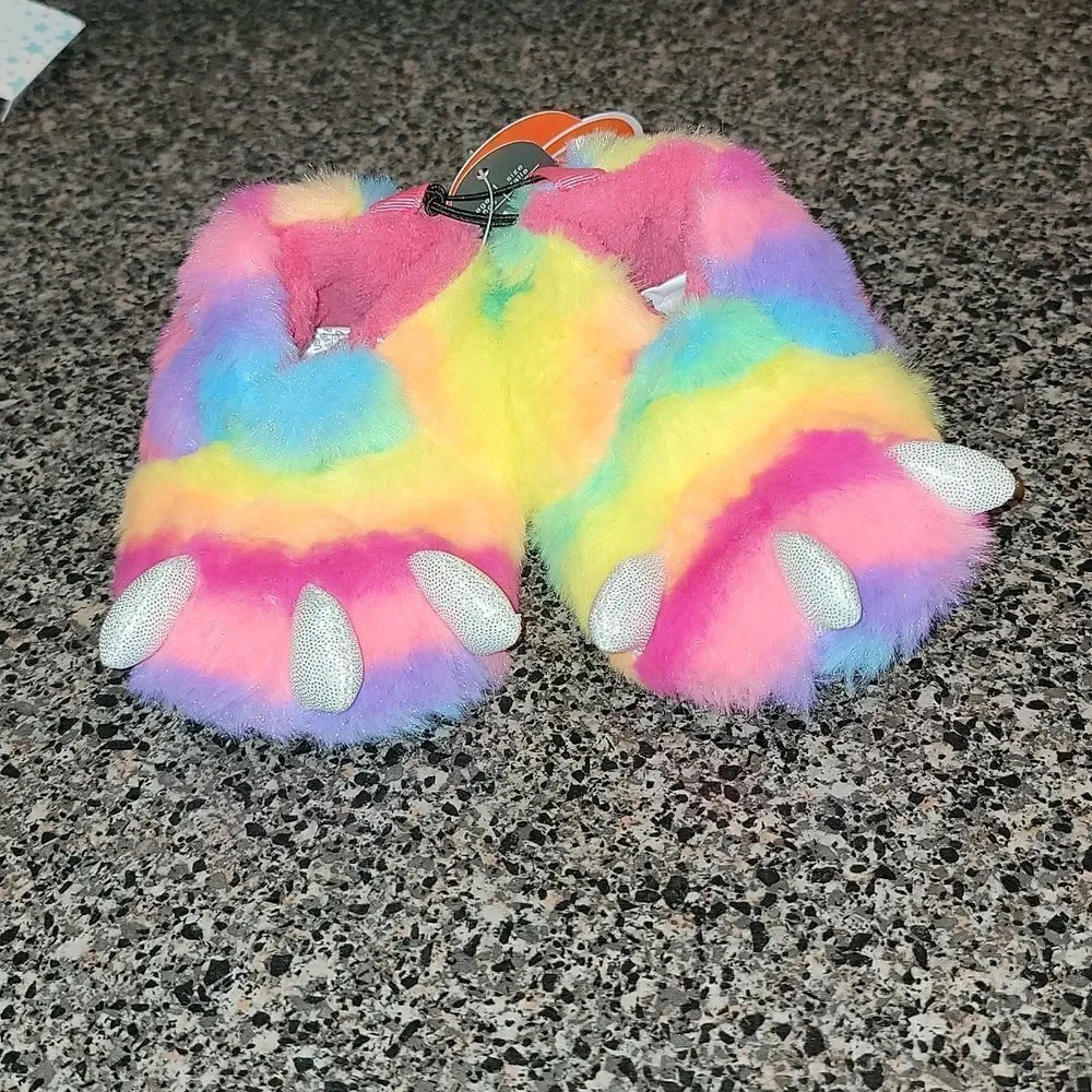 New Girls Dinosaur Monster Claws Glitter Rainbow Bedroom Slippers Size 3
